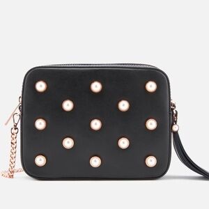 Ted Baker Alessia Camera bag in black and rose gold with faux pearls